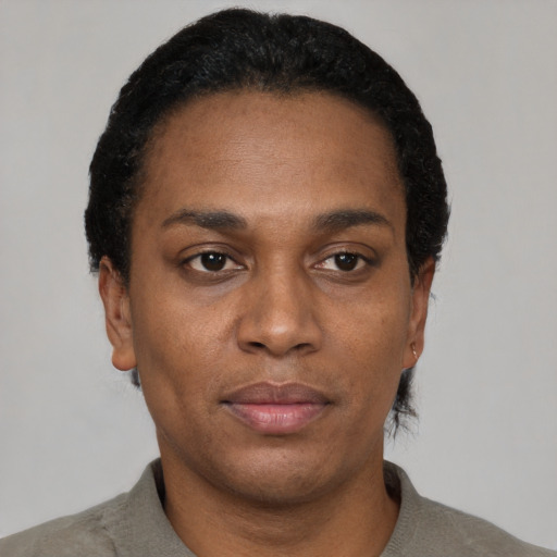 Neutral black young-adult female with short  black hair and brown eyes