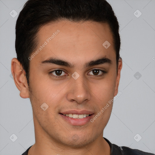 Joyful latino young-adult male with short  brown hair and brown eyes