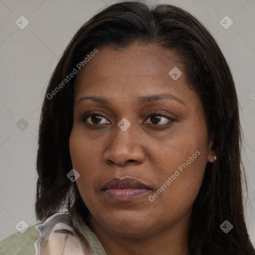 Joyful asian young-adult female with long  brown hair and brown eyes