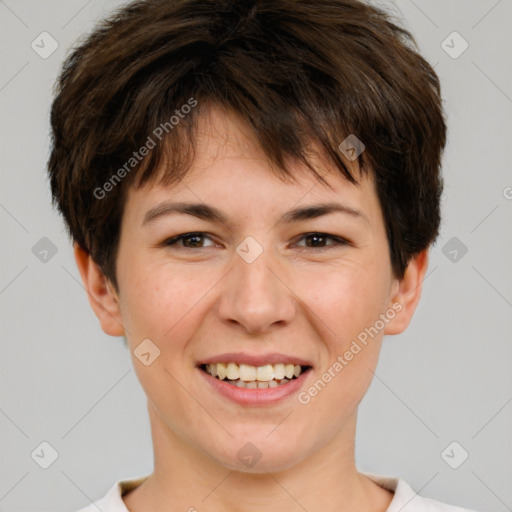 Joyful white young-adult female with short  brown hair and brown eyes