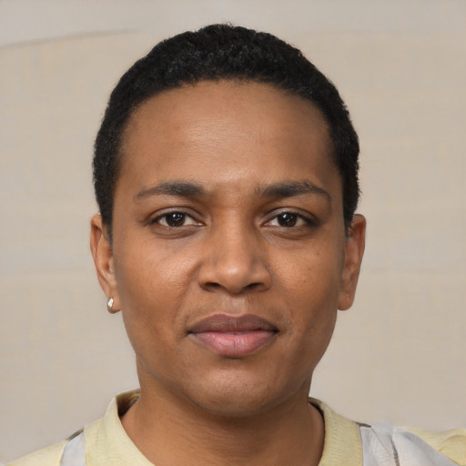 Joyful black young-adult female with short  black hair and brown eyes