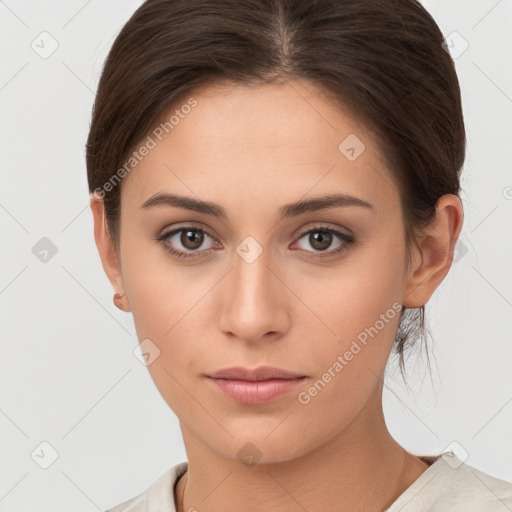 Neutral white young-adult female with medium  brown hair and brown eyes