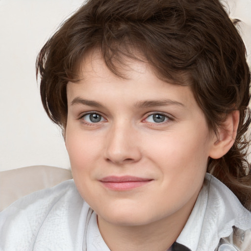 Joyful white child female with medium  brown hair and brown eyes