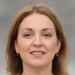 Joyful white adult female with medium  brown hair and grey eyes