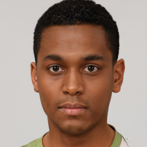 Neutral black young-adult male with short  black hair and brown eyes