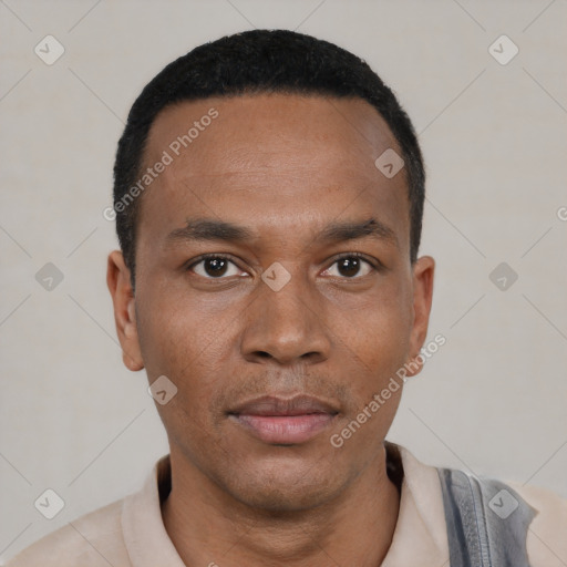 Neutral black young-adult male with short  black hair and brown eyes