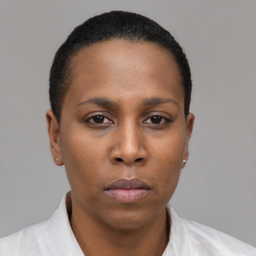 Neutral black young-adult female with short  black hair and brown eyes