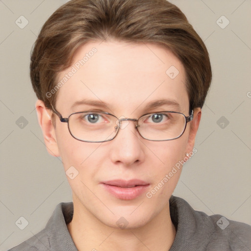 Joyful white adult male with short  brown hair and grey eyes