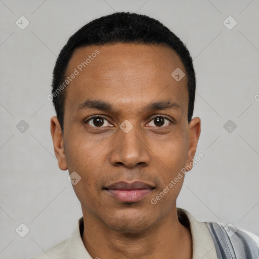 Neutral latino young-adult male with short  black hair and brown eyes