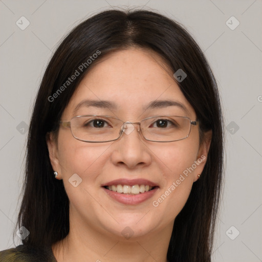 Joyful white adult female with medium  brown hair and brown eyes