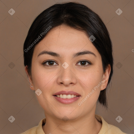 Joyful white young-adult female with medium  brown hair and brown eyes