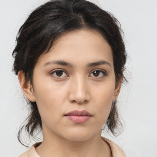 Neutral asian young-adult female with medium  brown hair and brown eyes