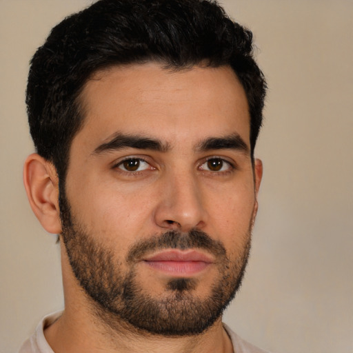 Neutral white young-adult male with short  black hair and brown eyes