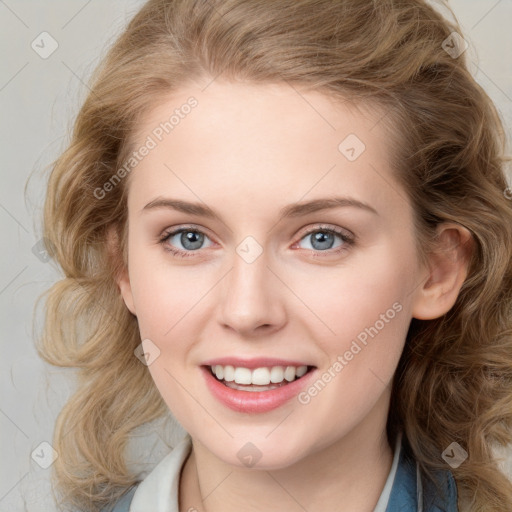 Joyful white young-adult female with medium  brown hair and blue eyes