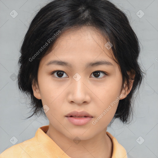 Neutral asian young-adult female with medium  brown hair and brown eyes