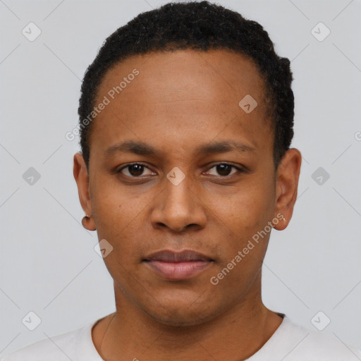 Neutral black young-adult male with short  black hair and brown eyes