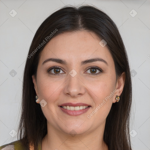 Joyful white young-adult female with long  brown hair and brown eyes