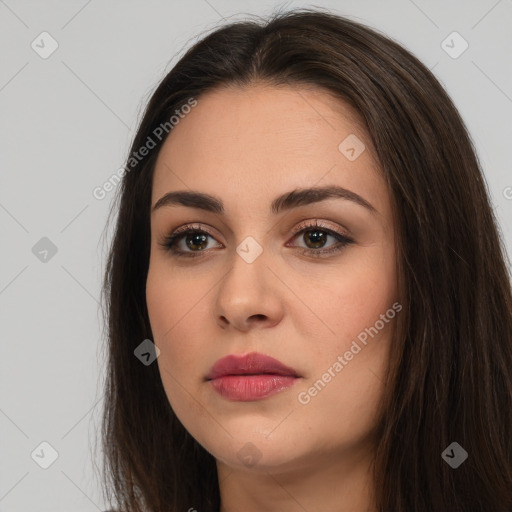 Neutral white young-adult female with long  brown hair and brown eyes