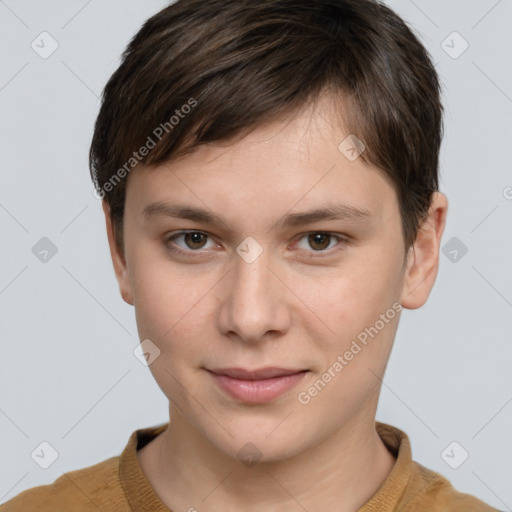 Neutral white young-adult male with short  brown hair and grey eyes