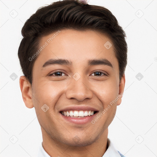 Joyful white young-adult male with short  black hair and brown eyes