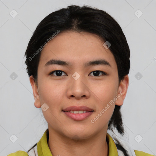 Joyful asian young-adult female with medium  black hair and brown eyes