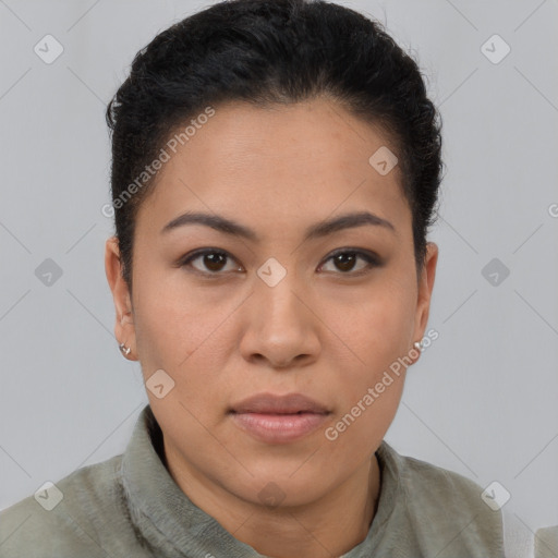 Joyful latino young-adult female with short  brown hair and brown eyes