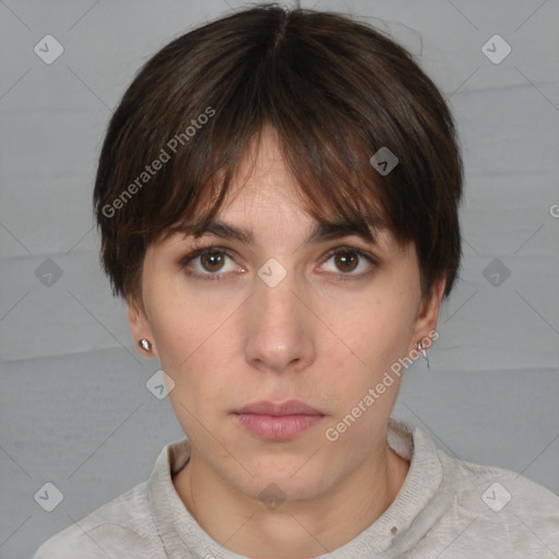 Neutral white young-adult female with short  brown hair and brown eyes