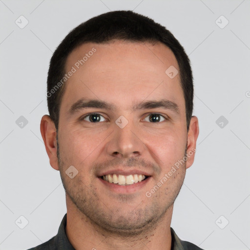 Joyful white young-adult male with short  brown hair and brown eyes