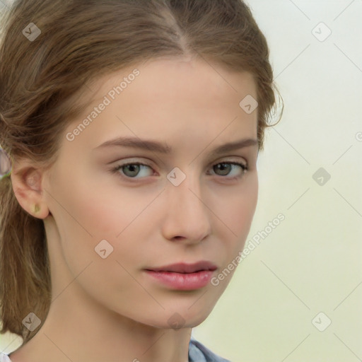 Neutral white young-adult female with medium  brown hair and blue eyes