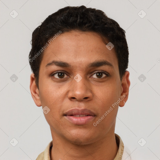 Neutral latino young-adult female with short  brown hair and brown eyes
