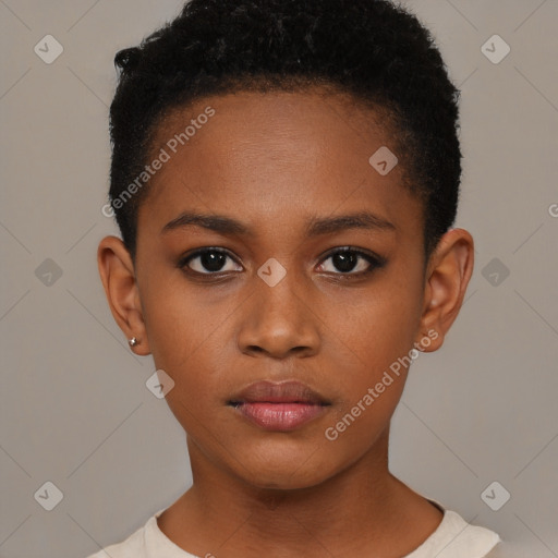 Neutral black young-adult female with short  brown hair and brown eyes