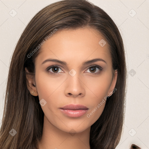 Neutral white young-adult female with long  brown hair and brown eyes