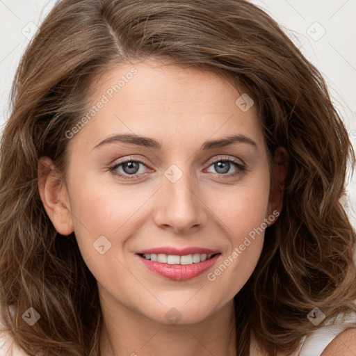 Joyful white young-adult female with long  brown hair and green eyes