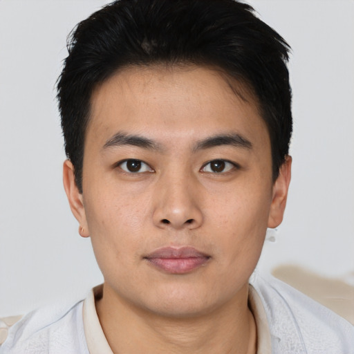 Neutral asian young-adult male with short  black hair and brown eyes