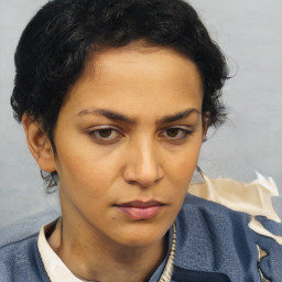 Neutral white young-adult female with short  brown hair and brown eyes
