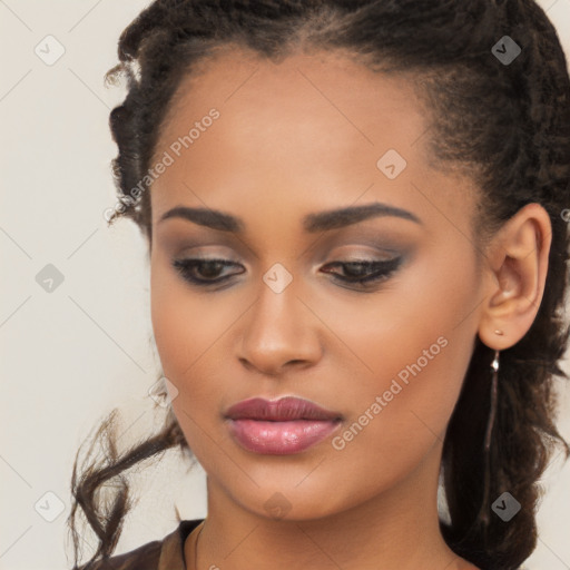 Joyful latino young-adult female with long  brown hair and brown eyes