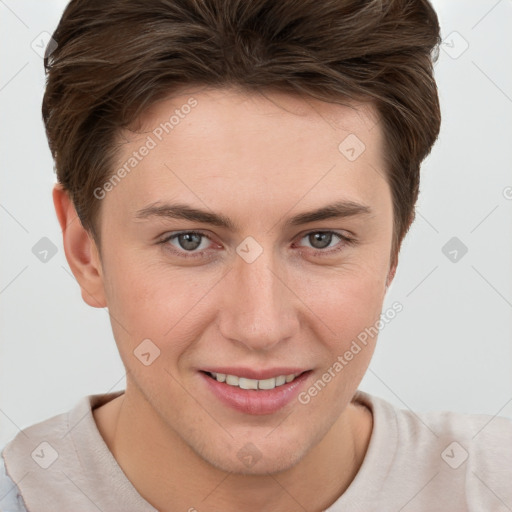 Joyful white young-adult female with short  brown hair and grey eyes