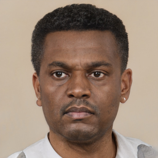 Neutral black young-adult male with short  black hair and brown eyes