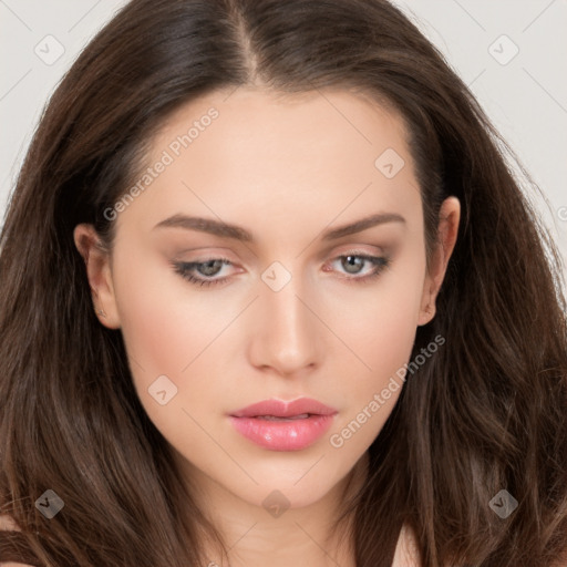 Neutral white young-adult female with long  brown hair and brown eyes