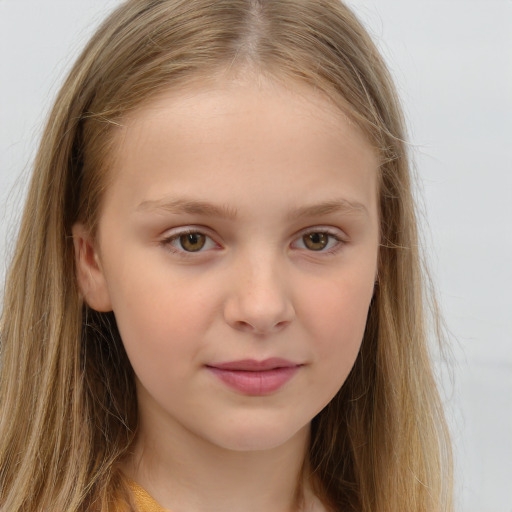 Joyful white child female with long  brown hair and grey eyes