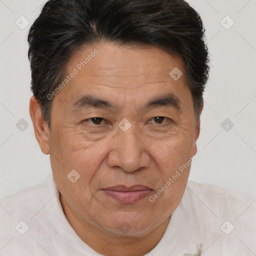 Joyful white middle-aged male with short  brown hair and brown eyes