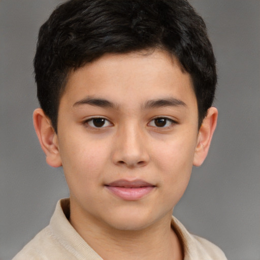 Joyful asian child male with short  brown hair and brown eyes