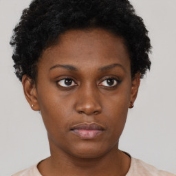 Neutral black young-adult female with short  black hair and brown eyes