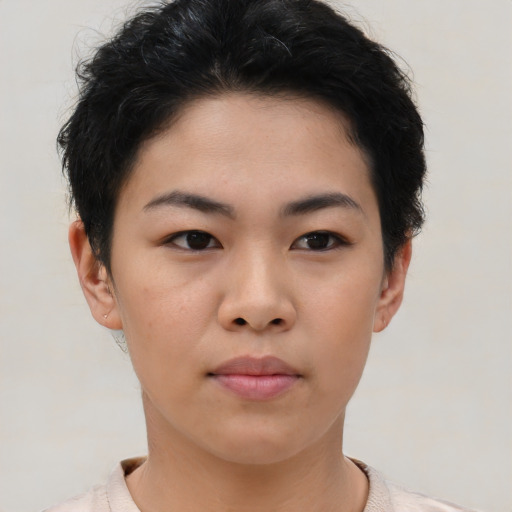 Neutral asian young-adult female with short  brown hair and brown eyes