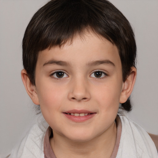 Joyful white child female with medium  brown hair and brown eyes