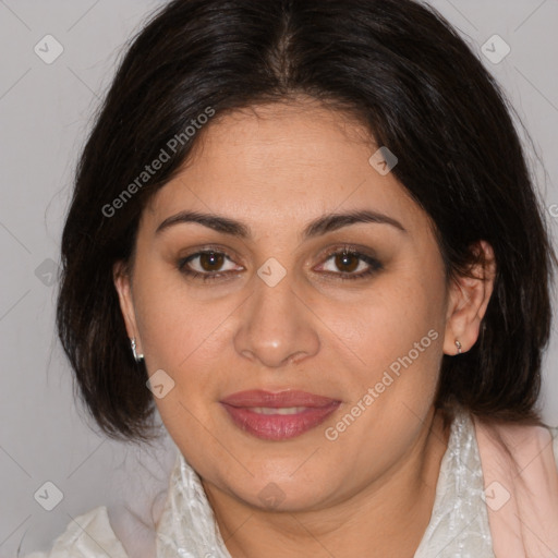 Joyful white adult female with medium  brown hair and brown eyes