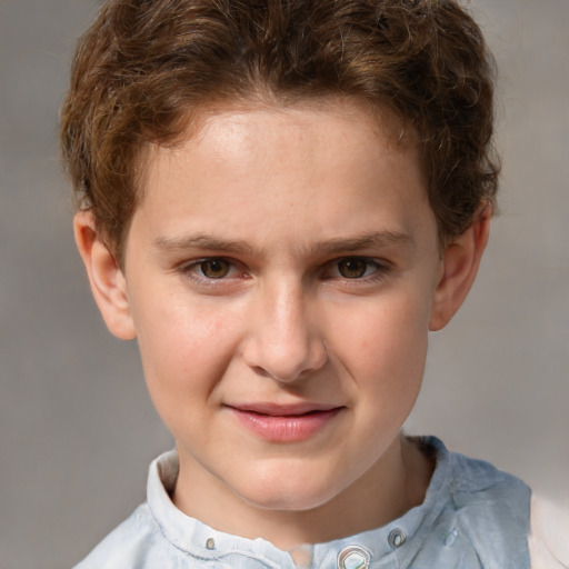 Joyful white child male with short  brown hair and grey eyes