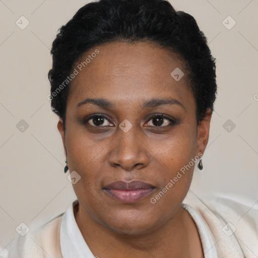 Neutral black young-adult female with short  black hair and brown eyes