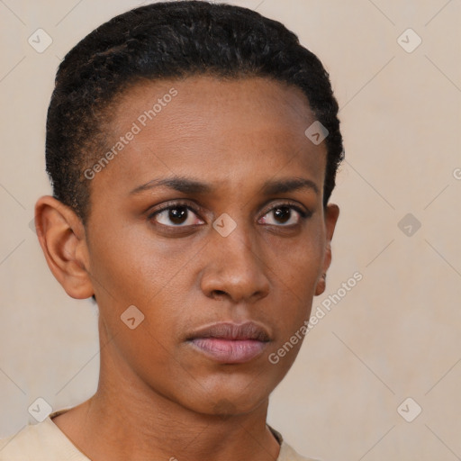 Neutral black young-adult female with short  black hair and brown eyes
