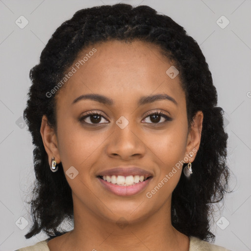 Joyful latino young-adult female with long  black hair and brown eyes